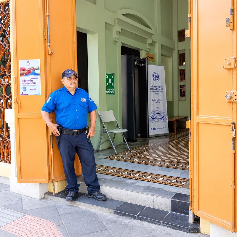 Agente de Seprotec custodiando la entrada de un edificio con detector de metales
